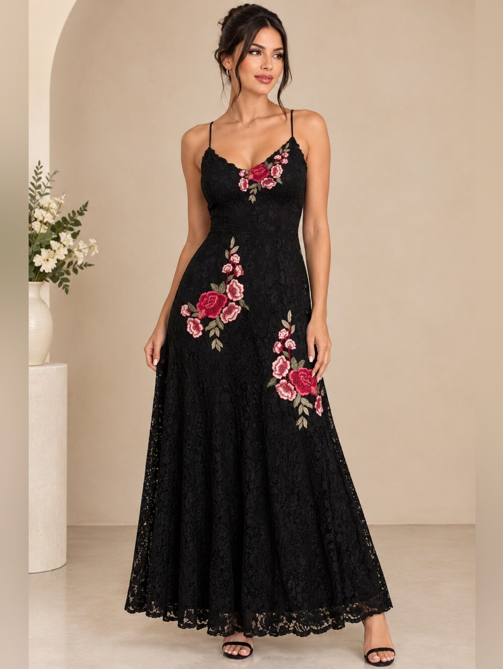 Romeo & Juliet Couture Black Lace Maxi with Rose Embroidery